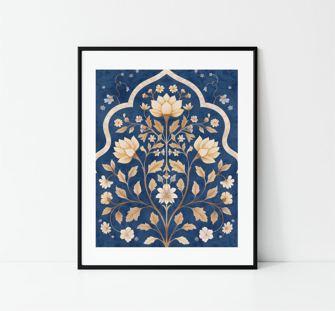 Navy Blue Gold Indian Floral Arch Pattern Traditional Poster - Image 3