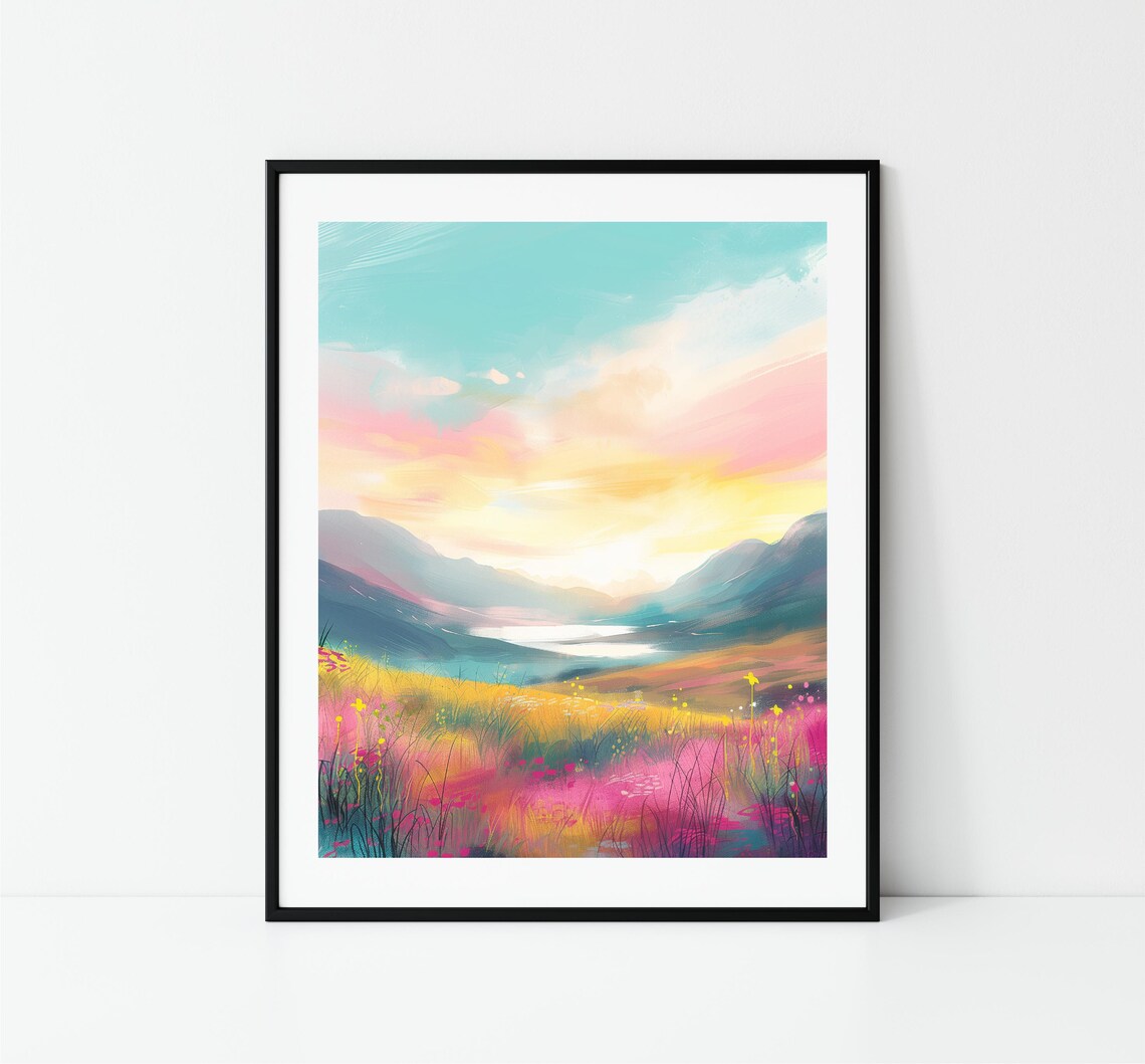 Wildflower Meadow Sunrise Mountain Lake Colorful Landscape Art Print - Image 3