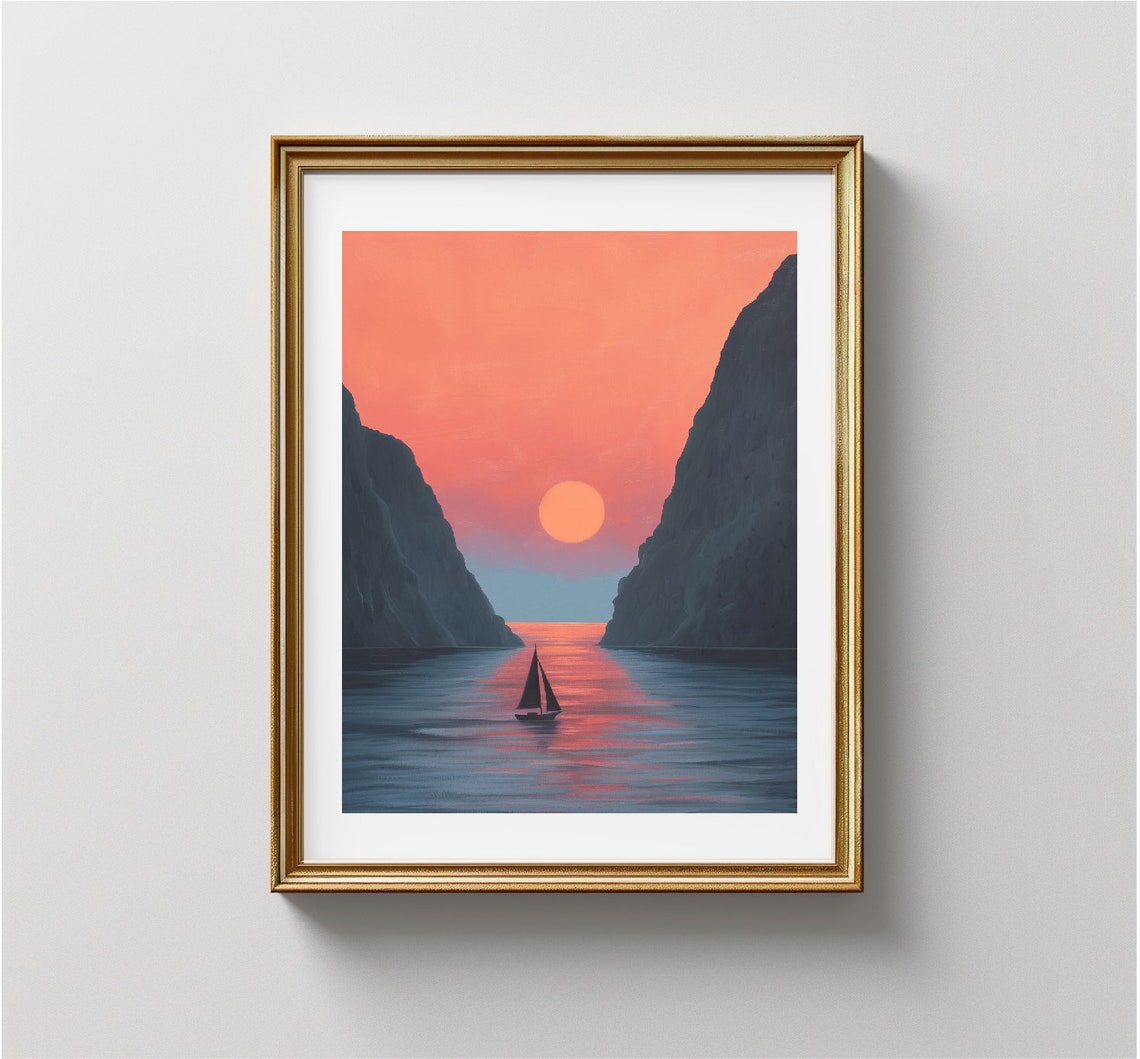 Sailboat Sailing Into Sunset Between Cliffs Coastal Travel Poster - Image 3