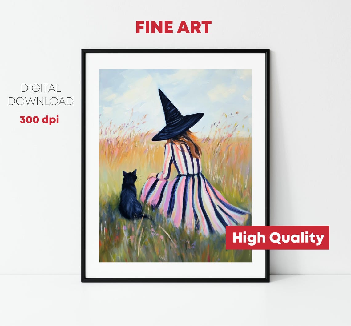 Witch In Striped Dress Meadow With Black Cat Whimsical Halloween Print - Image 2