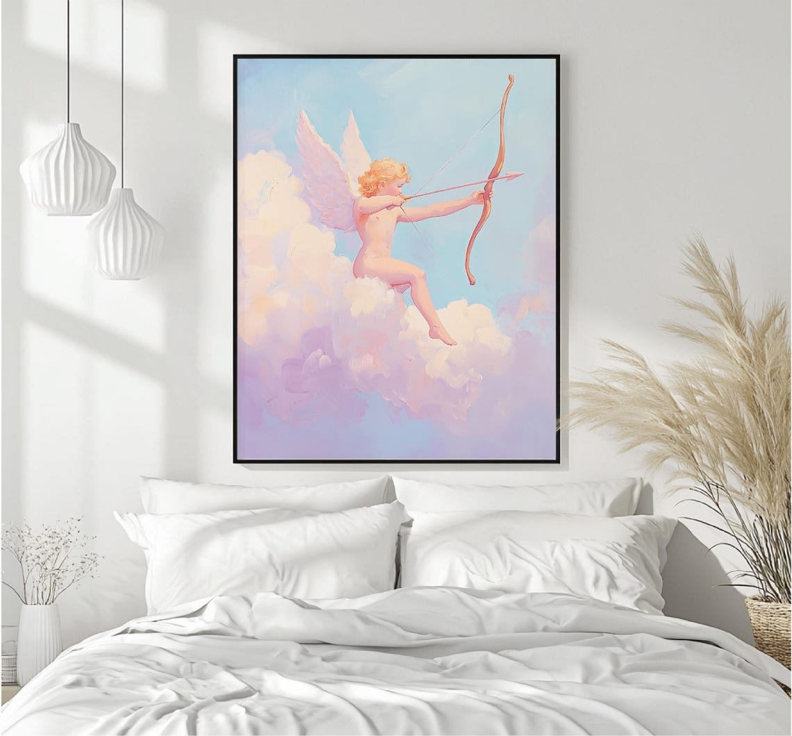 Cupid Drawing Bow On Dreamy Pastel Clouds Romantic Angel Wall Art - Image 4
