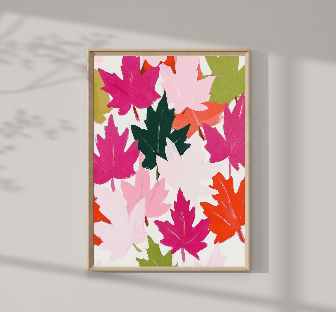 Colorful Autumn Maple Leaves Pink Orange Green Fall Foliage Print