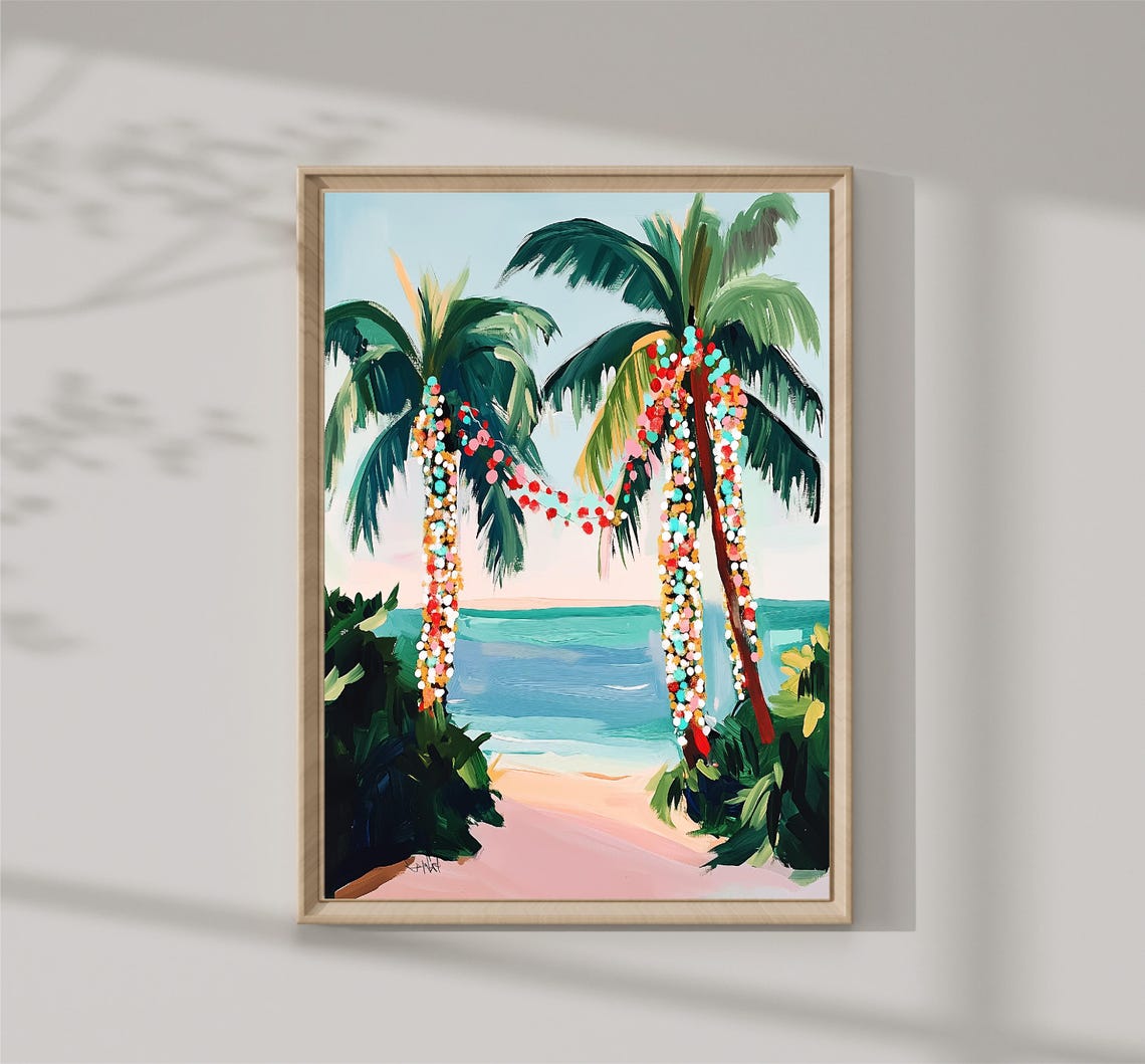 Tropical Christmas Palm Trees With Holiday Lights Beach View Poster - Image 3