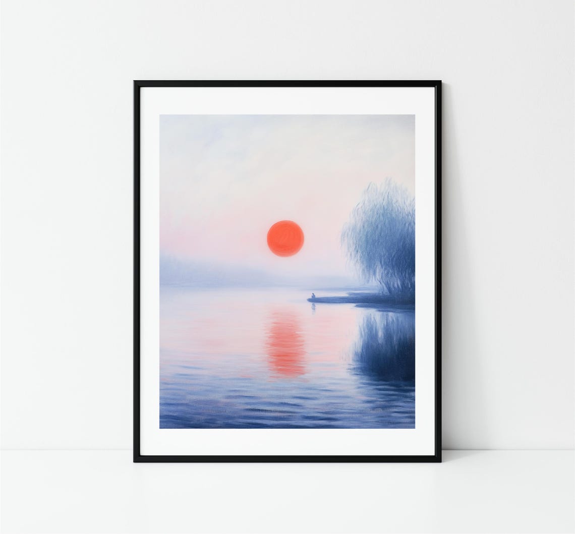 Red Sun Rising Over Misty Blue Lake Dawn Water Landscape Print - Image 3