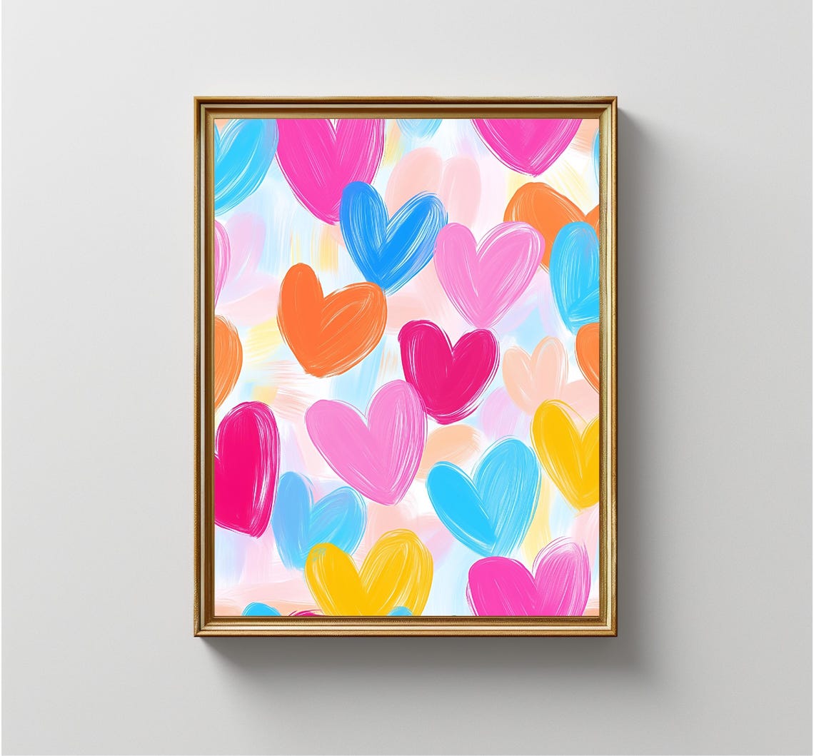 Colorful Hearts Pattern Brushstroke Pink Blue Orange Love Art Print - Image 4