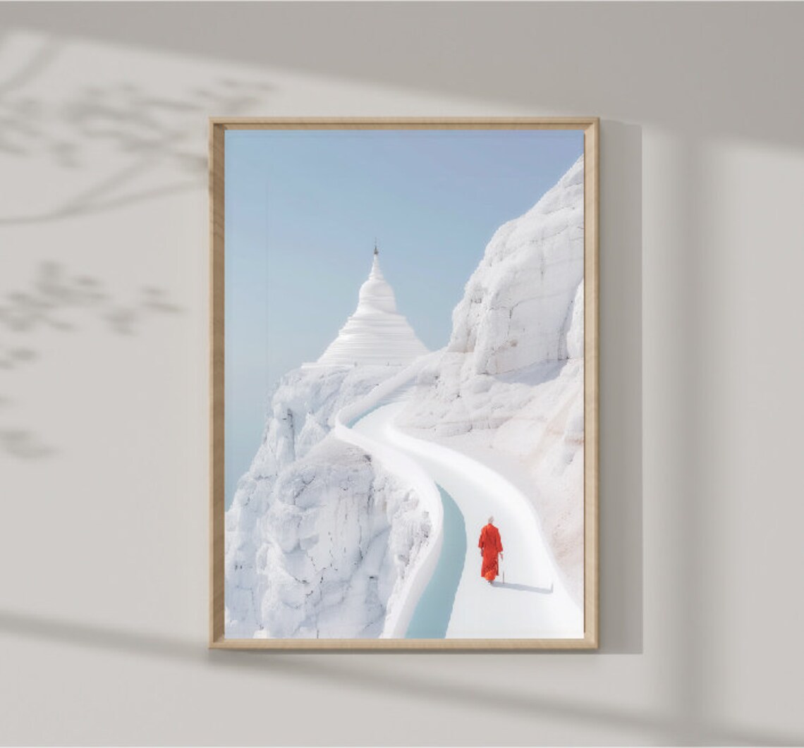 Mountain Landscape Photograph With Monk On Path Minimalist Wall Art Peaceful And Contemplative Decor For Home Or Office