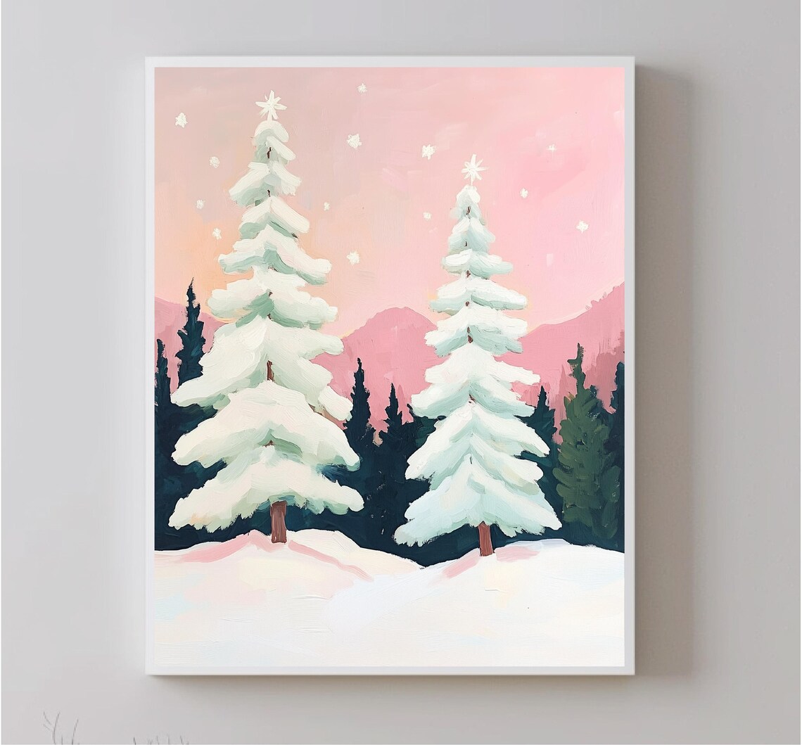 Snowy Pink Christmas Trees With Stars Winter Landscape Art Poster