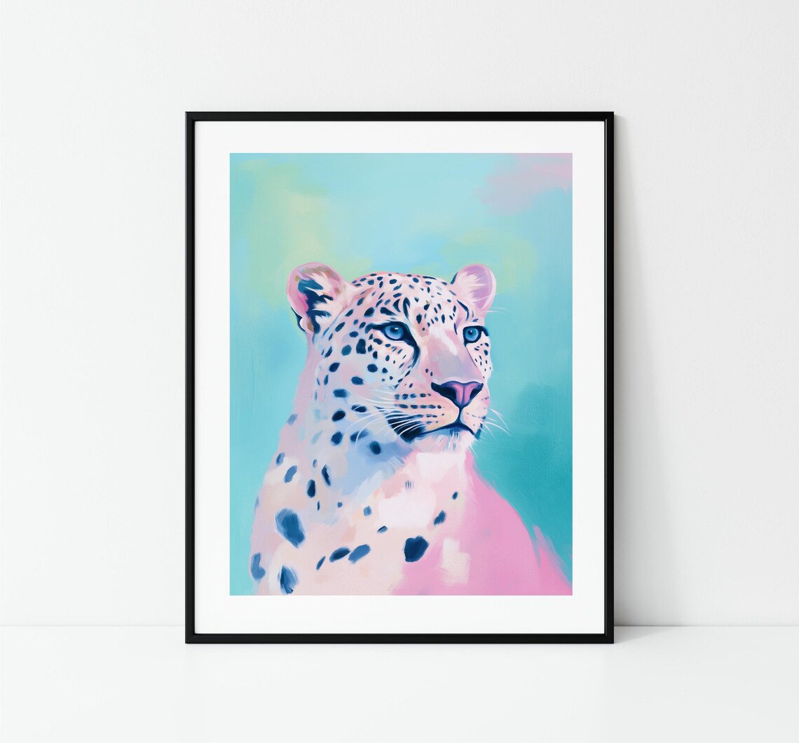 Pink Leopard Portrait Spotted Big Cat Teal Background Animal Wall Art - Image 3