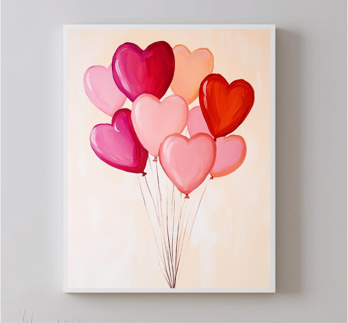 Heart Shaped Balloons Bunch Pink Red Valentine Love Wall Art