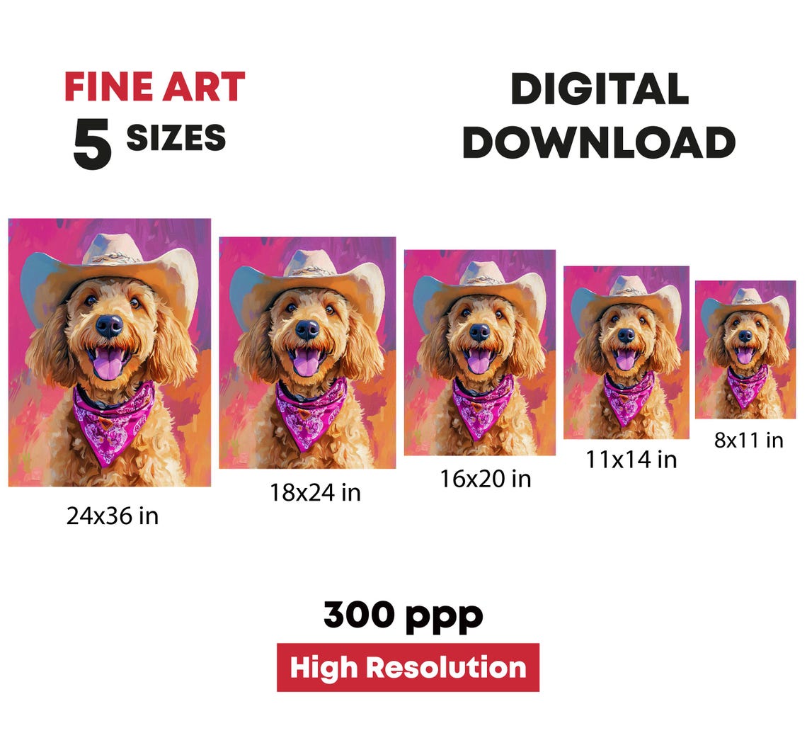 Impressionist Painting Of A Happy Golden Dog With A Cowboy Hat And Pink Bandana Around His Neck For Kids Room Decoration - Image 4