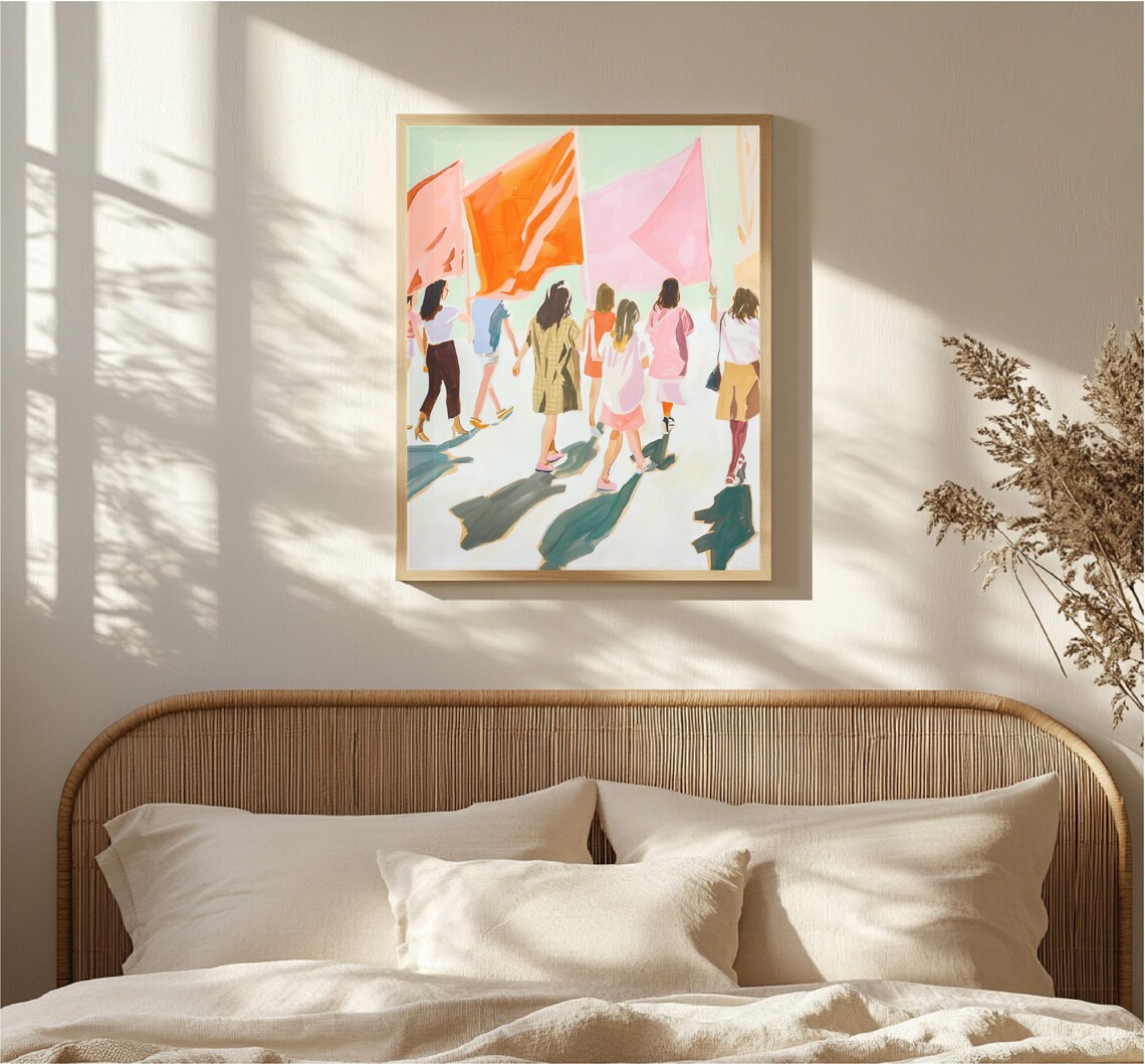 Women Marching With Orange Flags Feminist Empowerment Art Poster - Image 4