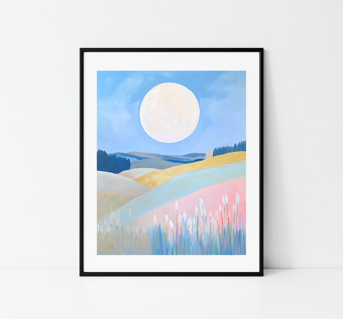 Pastel Rolling Hills Meadow Moonlit Abstract Landscape Art Poster - Image 3