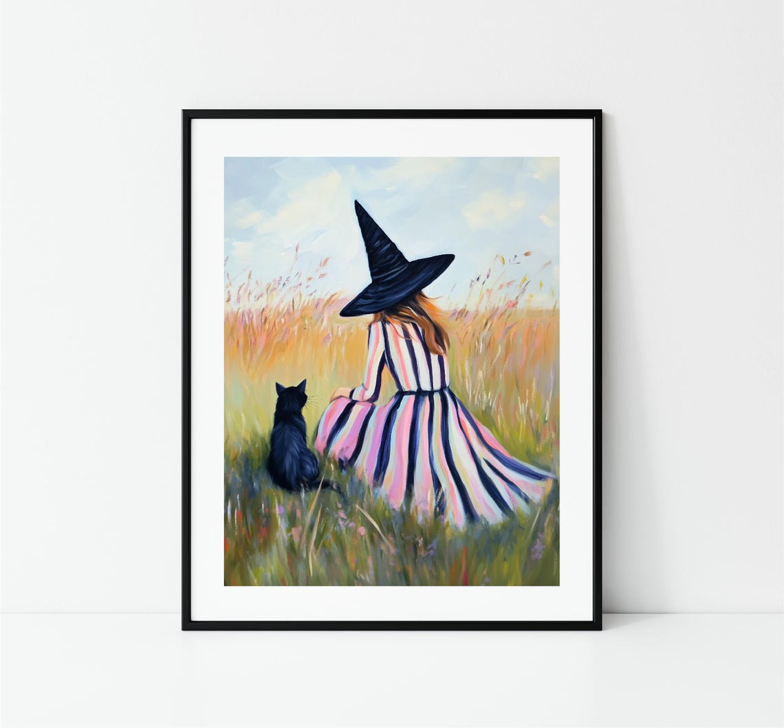 Witch In Striped Dress Meadow With Black Cat Whimsical Halloween Print - Image 3