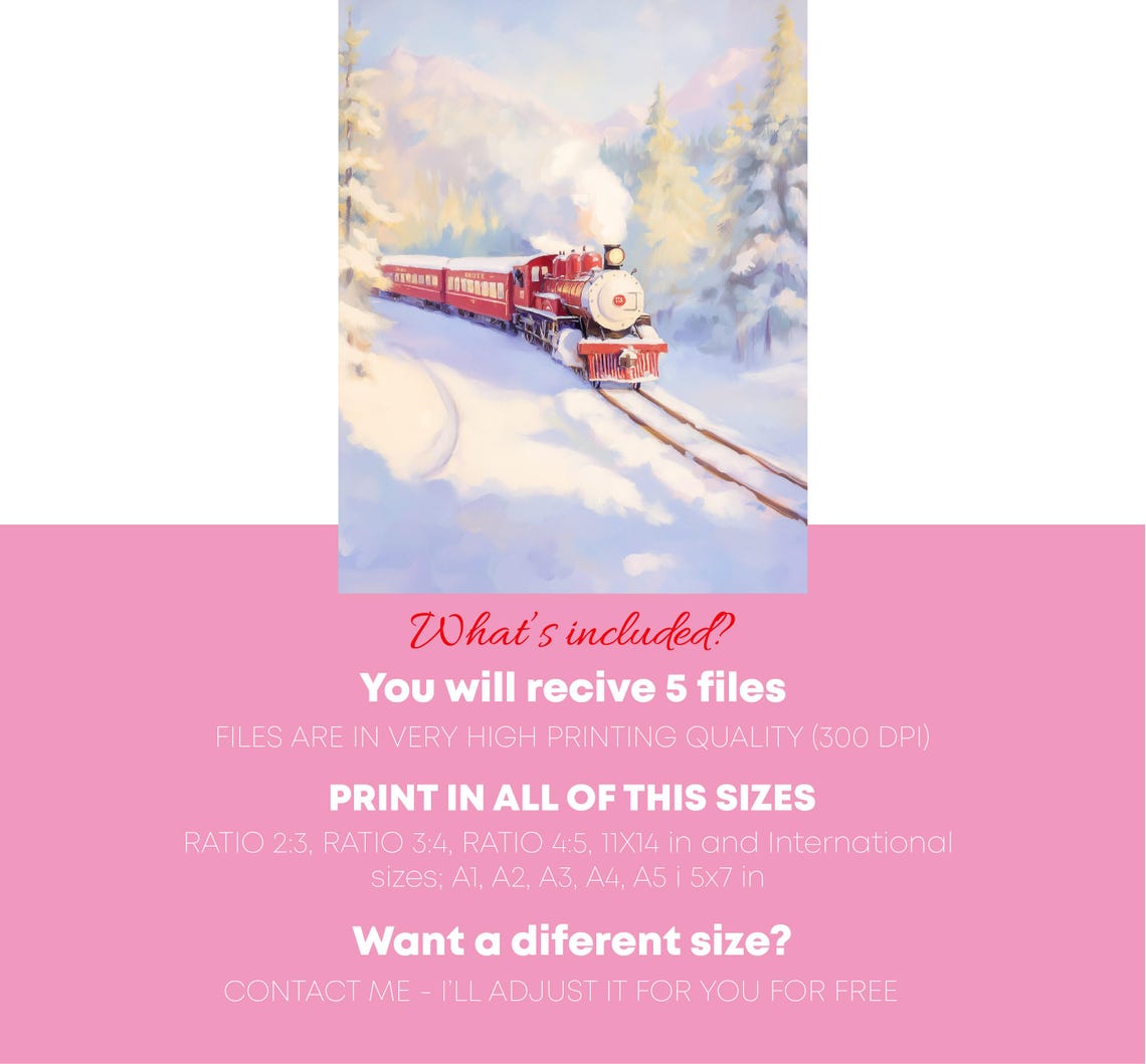 Red Steam Train Snowy Mountains Holiday Express Winter Art Poster - Image 3