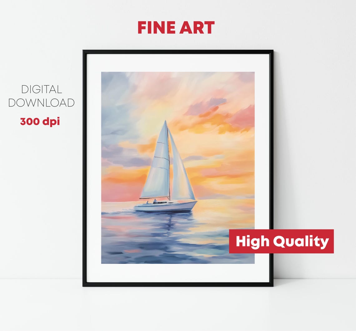 Sailboat At Sunset Pastel Orange Sky Serene Nautical Seascape Poster - Image 2
