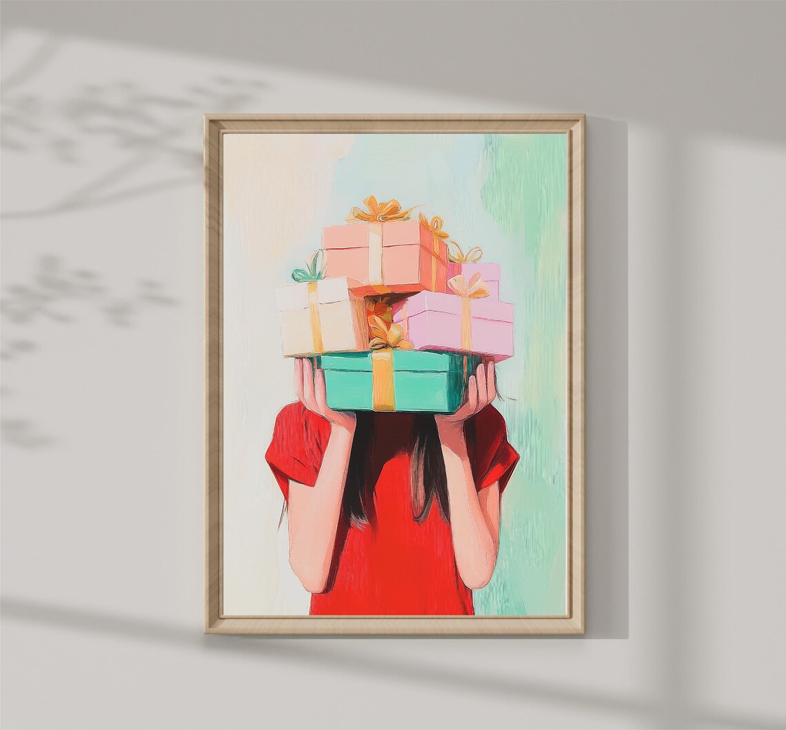 Girl Holding Stack Christmas Gifts Red Dress Holiday Joy Poster