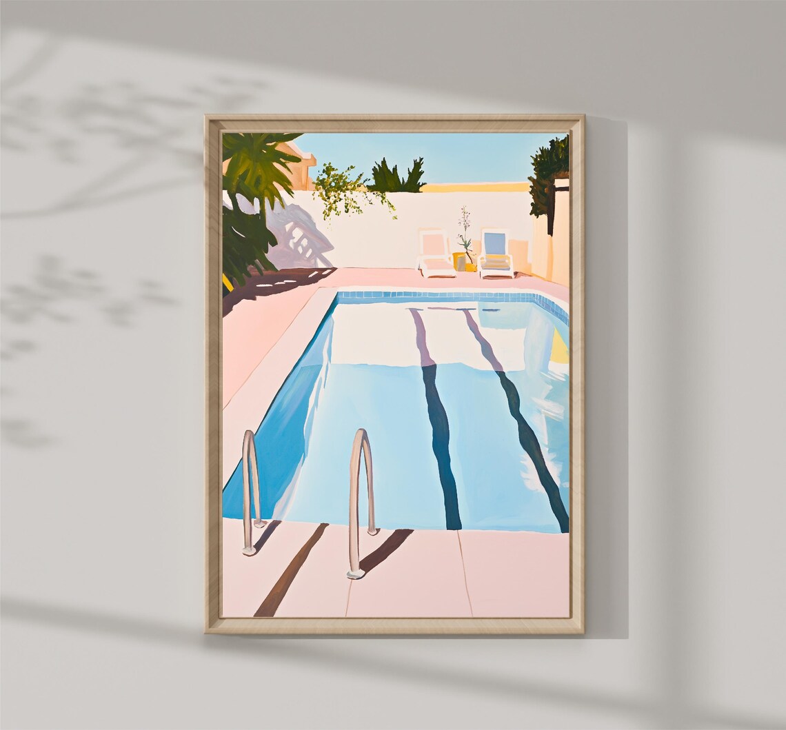 Retro Swimming Pool Pink Deck Blue Water Palm Trees Summer Art Print