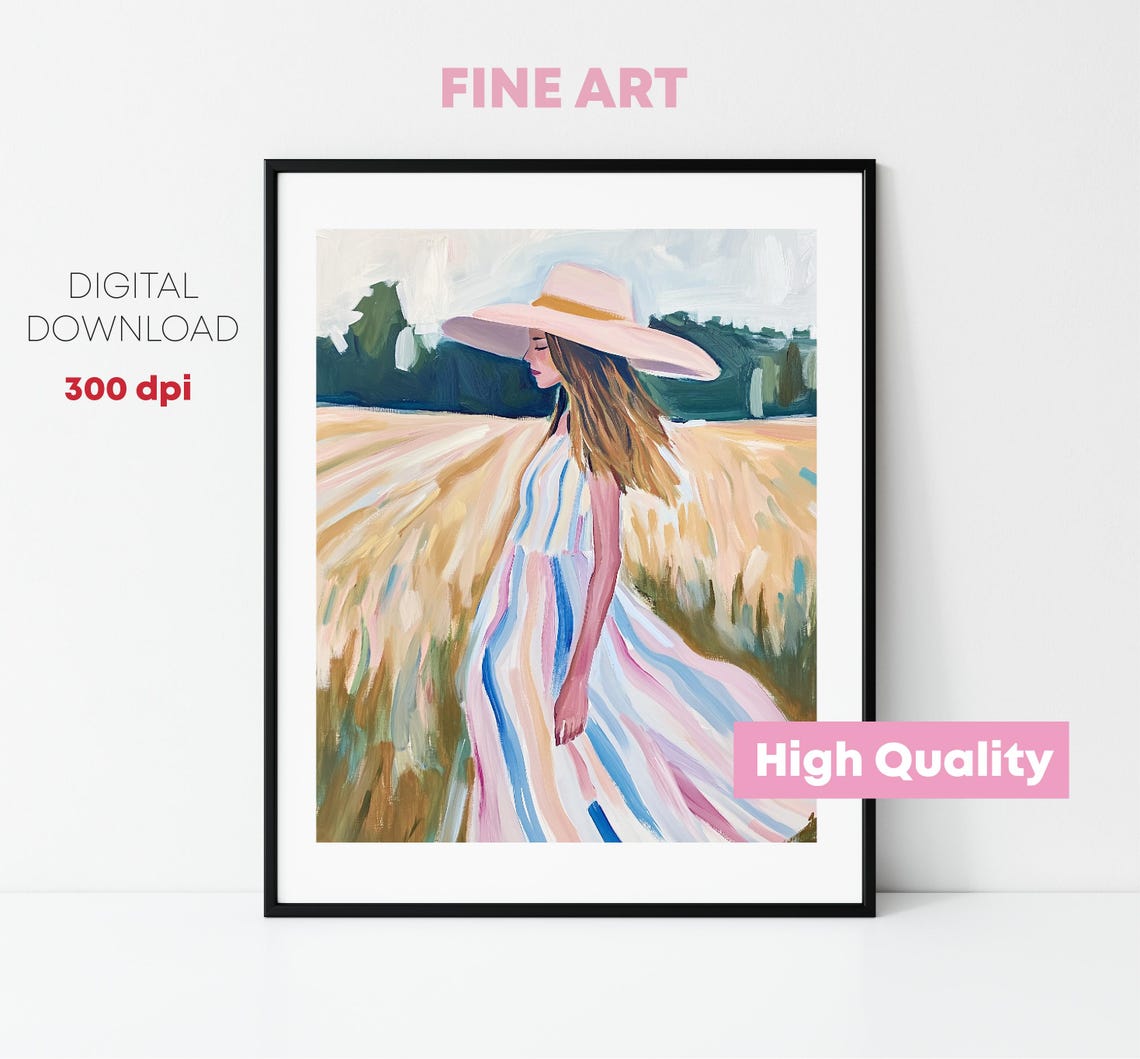 Painting Of Woman With Striped Dress Art To Print Pink International Womens Day Feminist Decoration - Image 4
