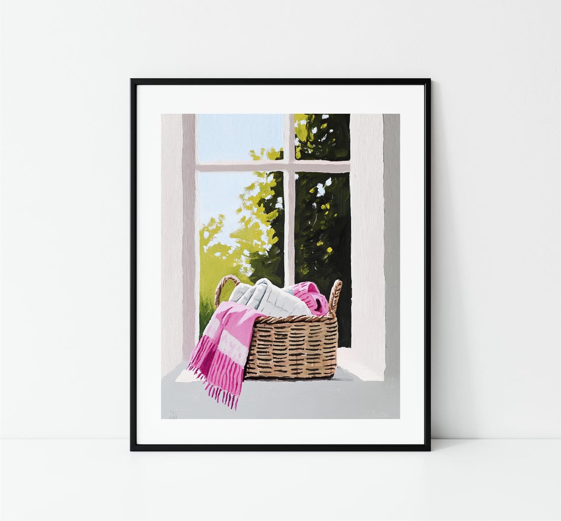Wicker Basket With Pink Blanket On Window Sill Sunny Home Print - Image 3