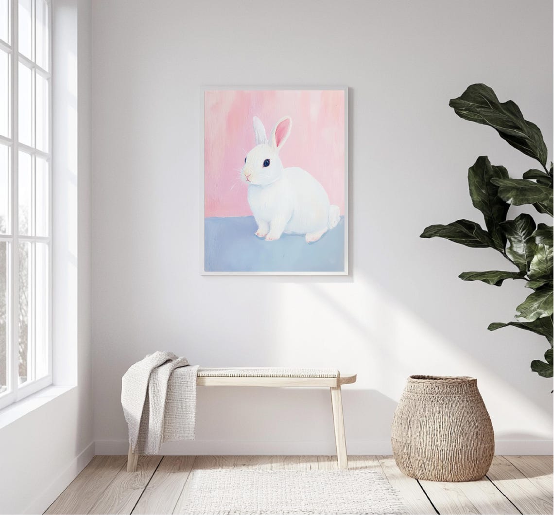 Cute White Bunny Rabbit Pink Blue Pastel Nursery Kids Room Print - Image 5