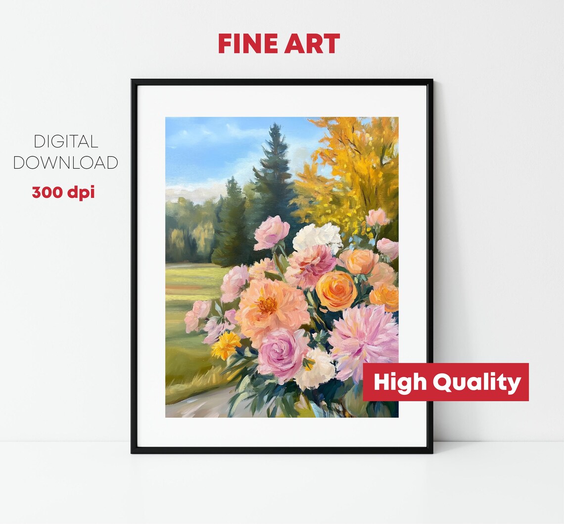 Orange Pink Dahlia Bouquet Autumn Trees Blue Sky Floral Art Print - Image 2