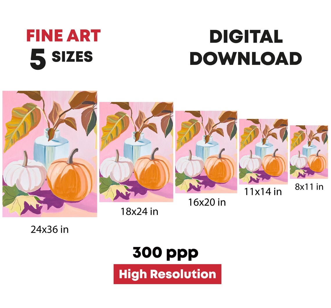 Pink Pumpkins Still Life With Vase Fall Leaves Autumn Harvest Art Print - Image 4