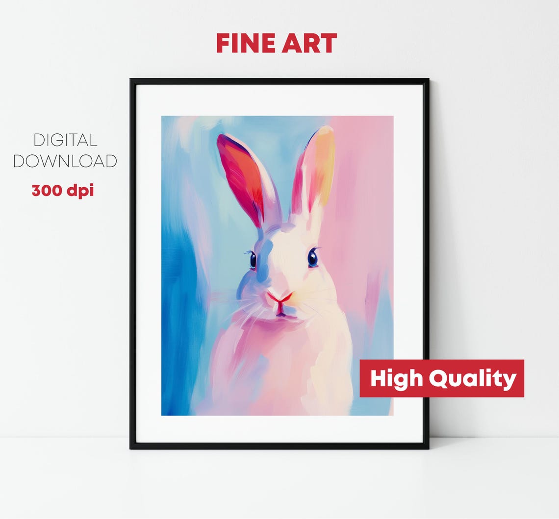 White Bunny Portrait Pink Blue Pastel Nursery Kids Room Wall Art - Image 2