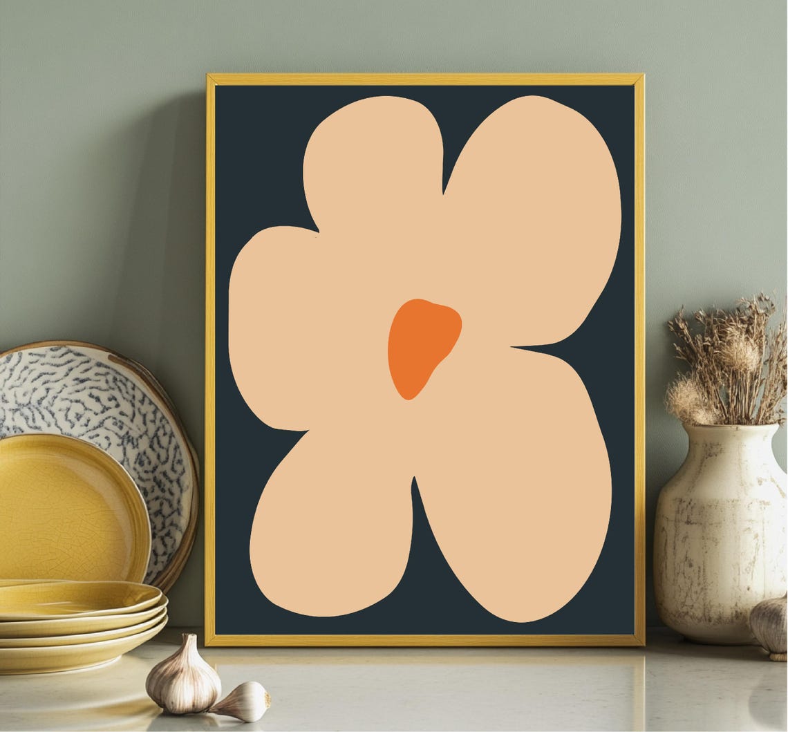 Peach Abstract Flower Dark Charcoal Background Botanical Wall Art - Image 4