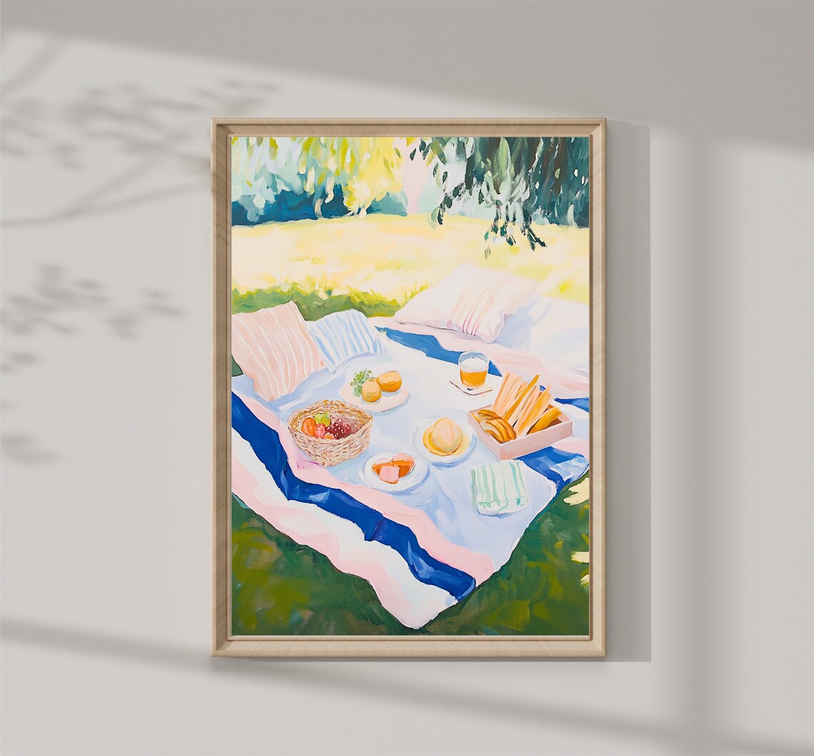 Summer Picnic Blanket Park Painting Food Basket Pastel Art Print