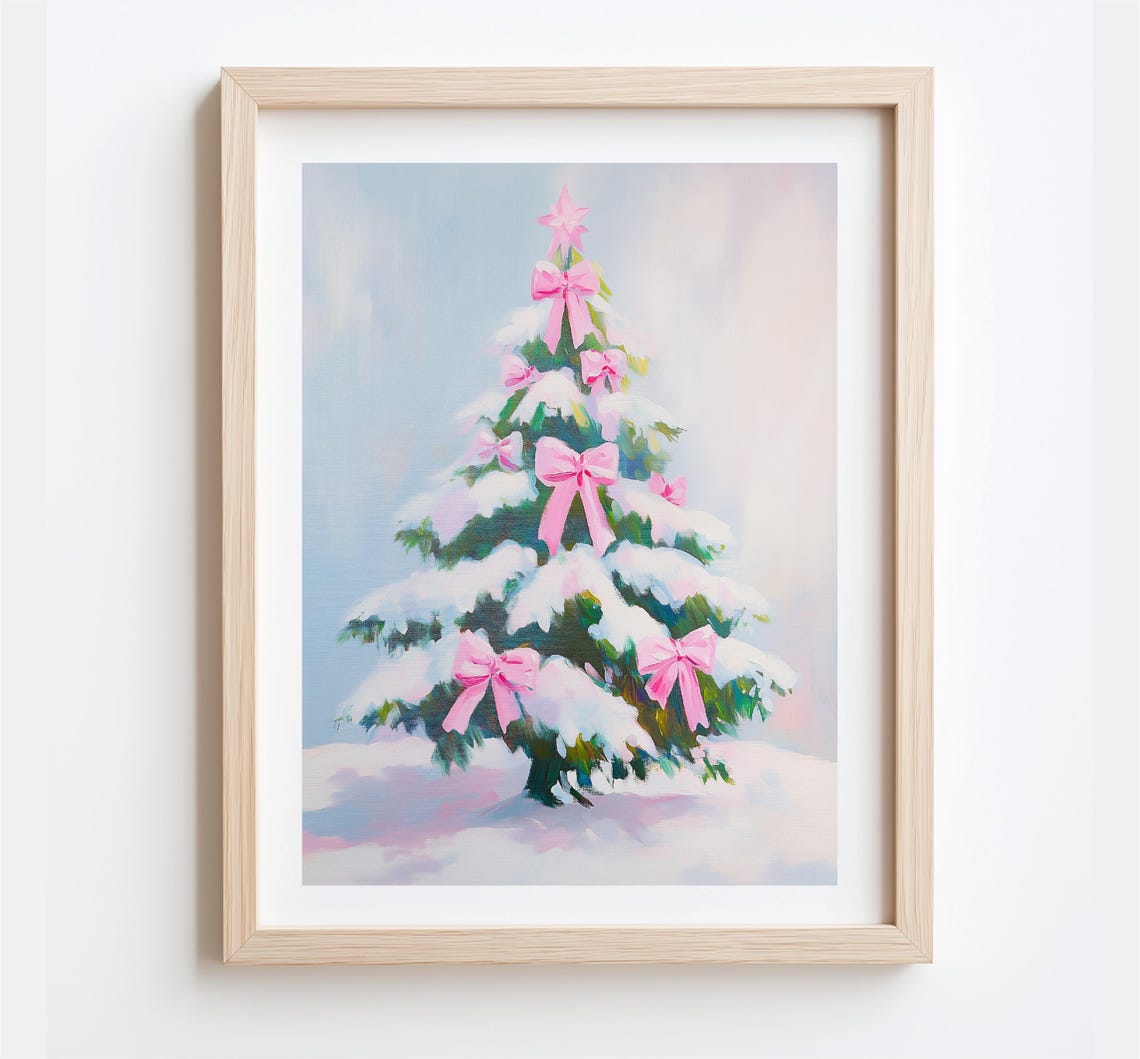 Snowy Christmas Tree Pink Bows Winter Holiday Elegance Art Poster - Image 2