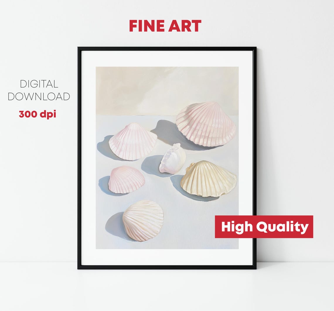 Blush Pink Scallop Shells Sunlit White Table Coastal Beach Print - Image 2