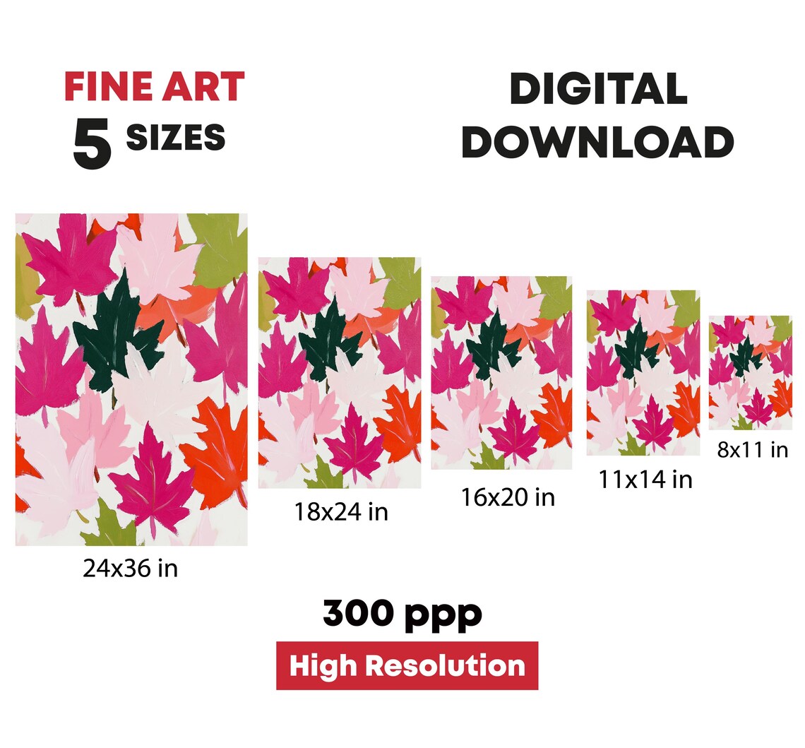 Colorful Autumn Maple Leaves Pink Orange Green Fall Foliage Print - Image 4