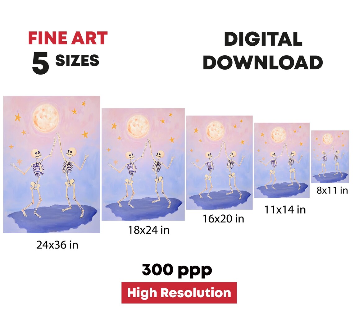 Dancing Skeletons Under Full Moon Pink Pastel Halloween Print - Image 4