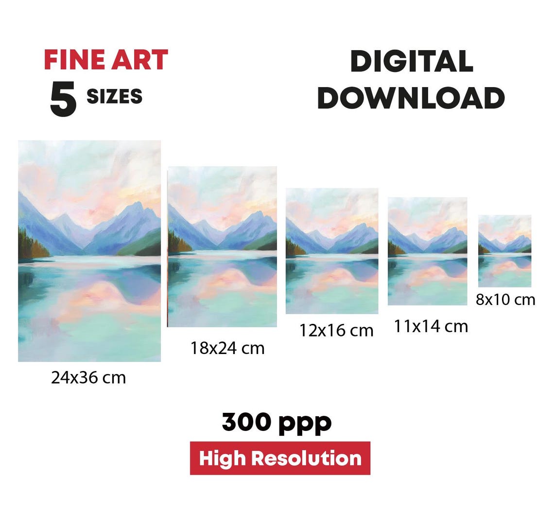 Turquoise Mountain Lake Pink Sky Reflection Landscape Art Print - Image 4