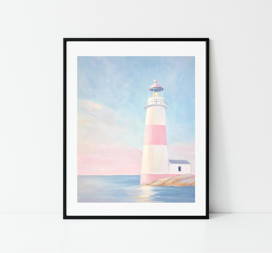 Pink And White Striped Lighthouse Rocky Shore Pastel Coastal Art Print - Image 3