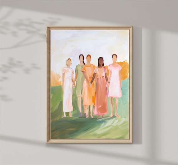 Five Women Friends Holding Hands Pastel Field Painting Art Print