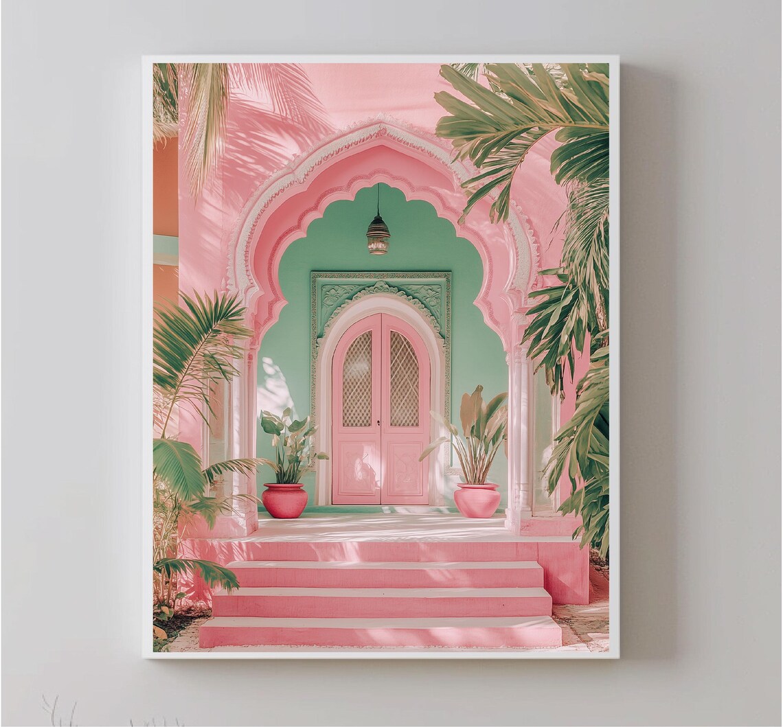 Jaipur India Pink Arched Doorway Teal Wall India Travel Poster