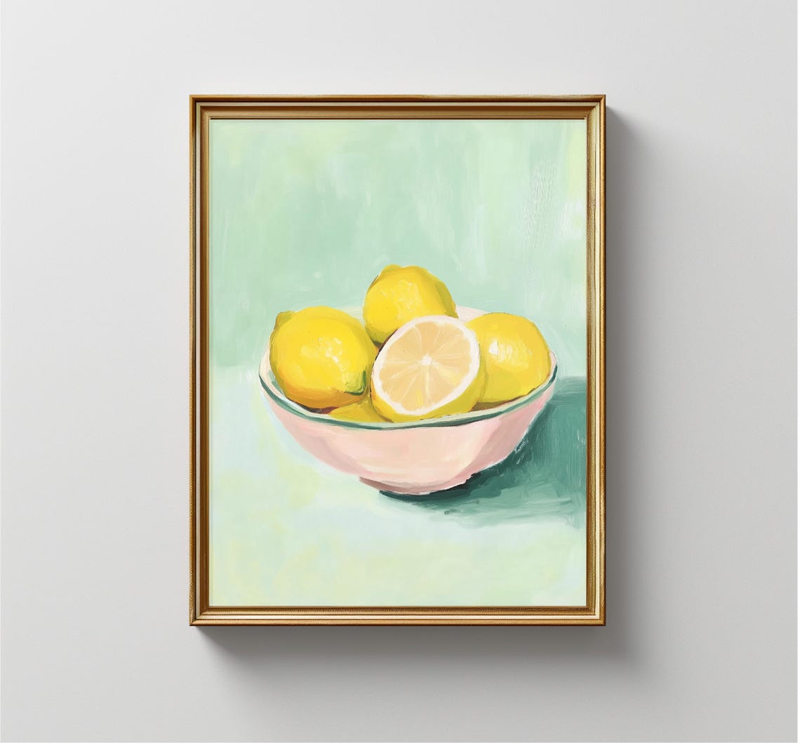 Pastel Lemons In Pink Bowl Mint Green Background Kitchen Poster - Image 3