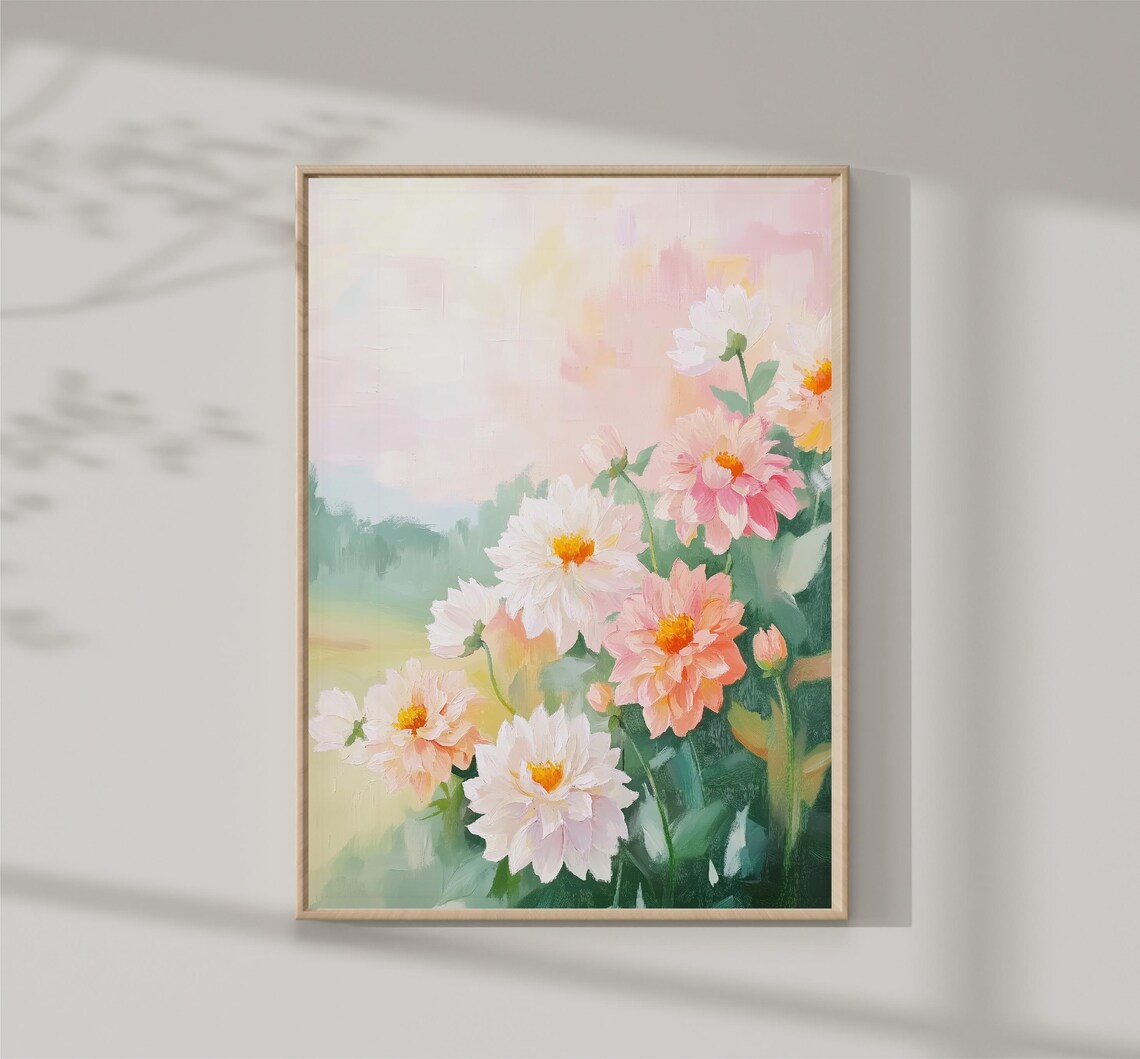 Pink White Dahlia Flowers Soft Pastel Romantic Floral Poster