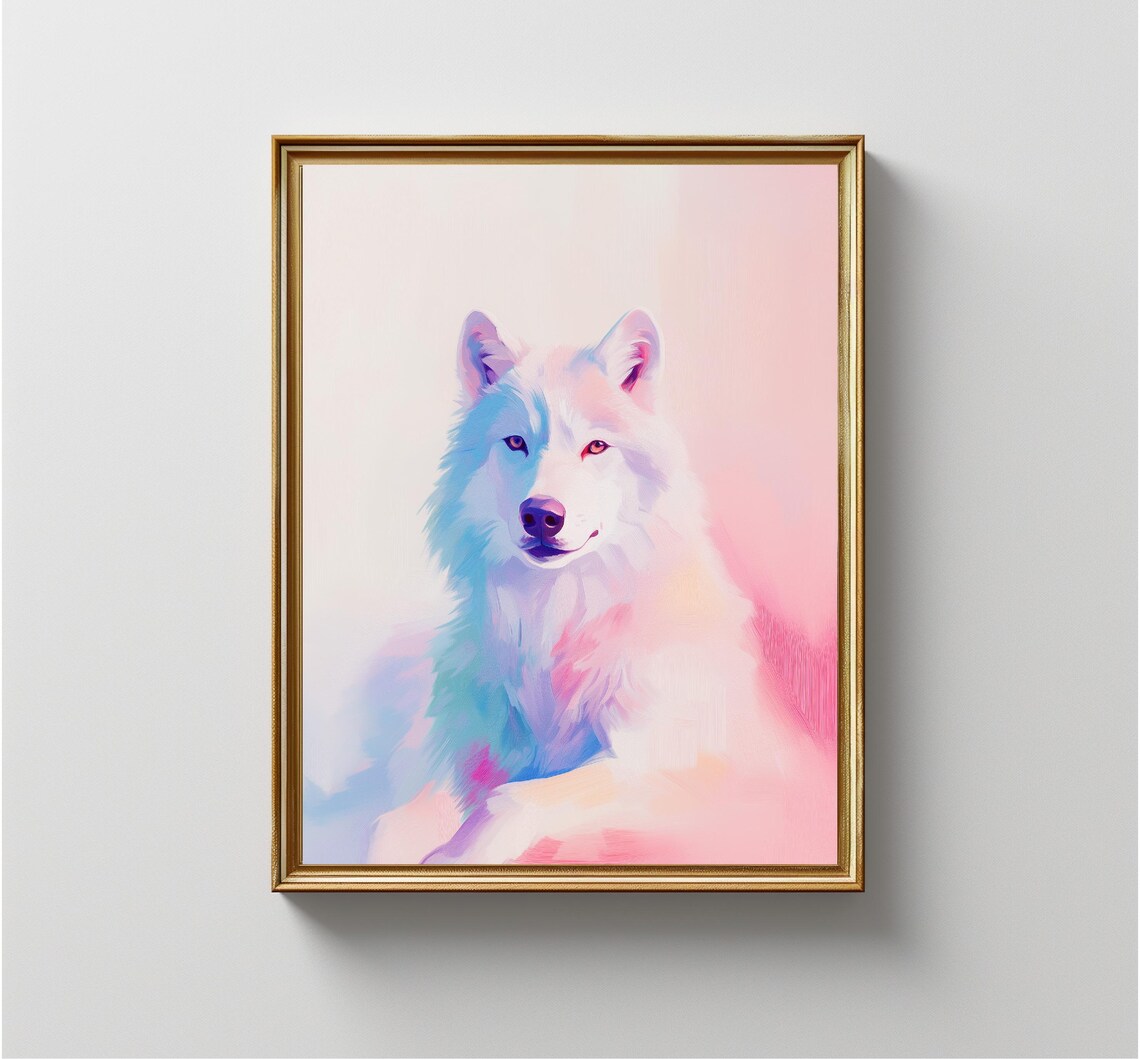 Cute Pastel Husky Dog Portrait Pink Blue Nursery Animal Wall Art - Image 4