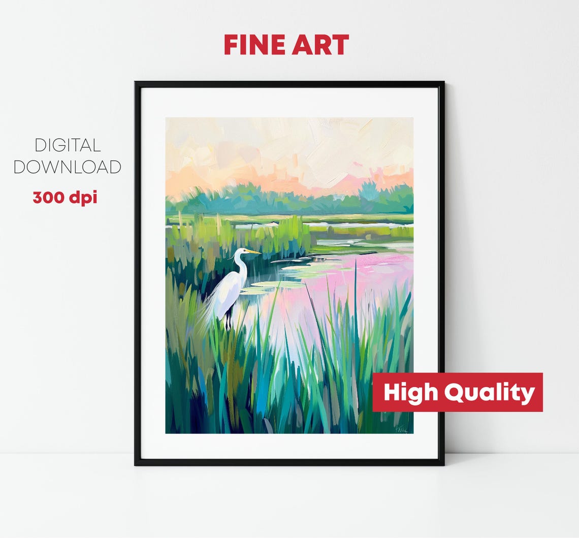 White Egret Sunset Marsh Wetlands Pink Sky Nature Painting Poster - Image 2