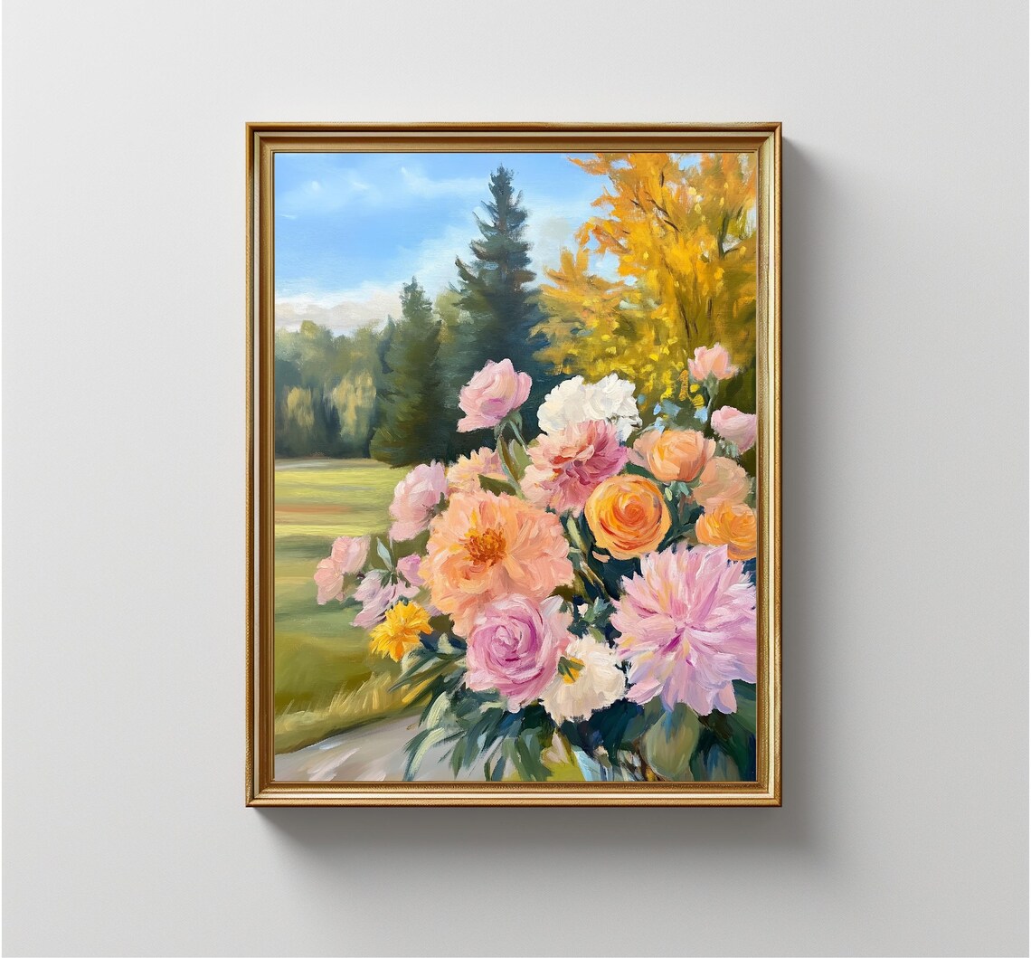 Orange Pink Dahlia Bouquet Autumn Trees Blue Sky Floral Art Print - Image 4