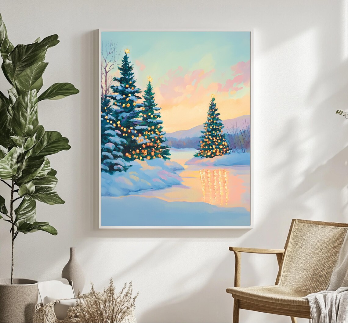 Snowy Evergreens Golden Lights Frozen Pond Winter Holiday Poster - Image 4