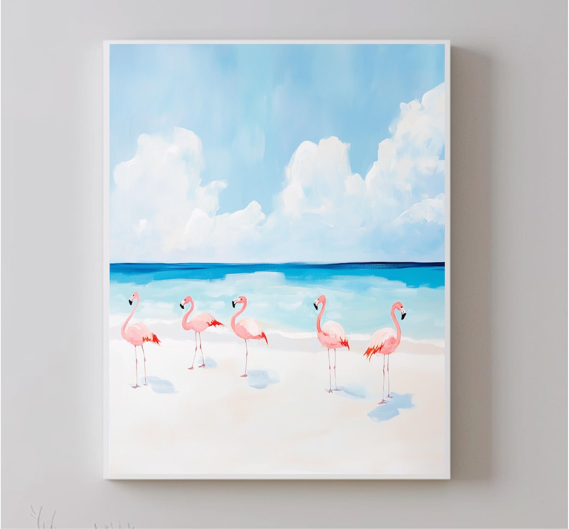 Pink Flamingos On White Sand Beach Turquoise Sea Coastal Art Poster