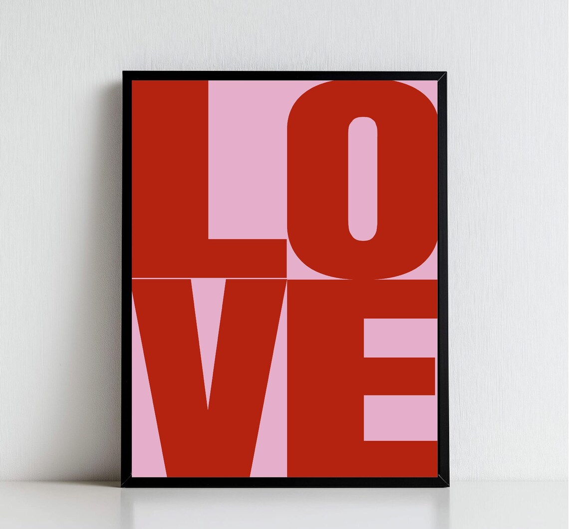 Bold Love Stacked Red Typography Pink Background Modern Wall Art - Image 2
