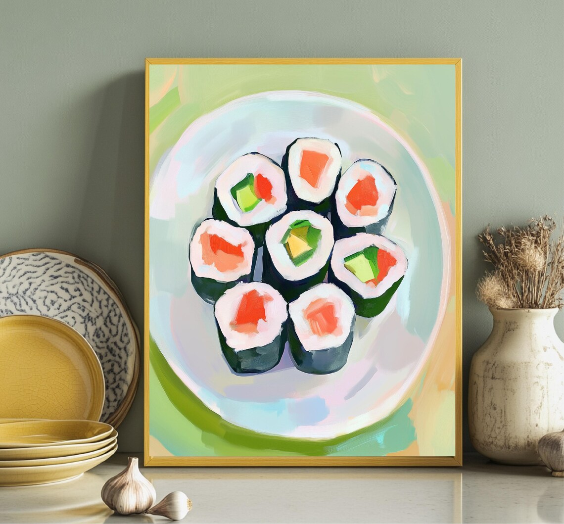 Sushi Rolls On Plate Pastel Japanese Food Painting Kitchen Poster - Image 2