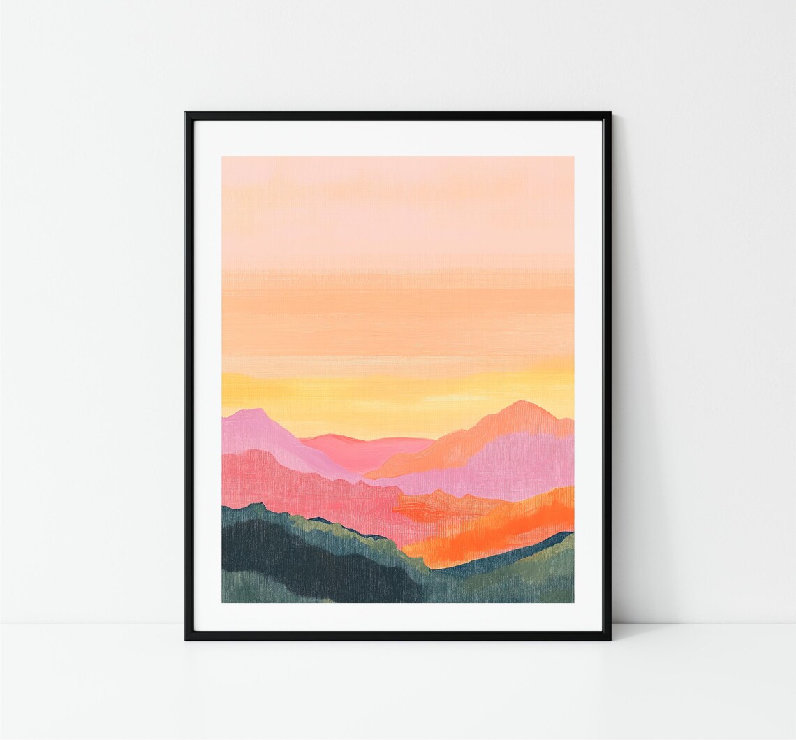 Layered Mountain Sunset Pink Orange Peaks Abstract Landscape Art Print - Image 3