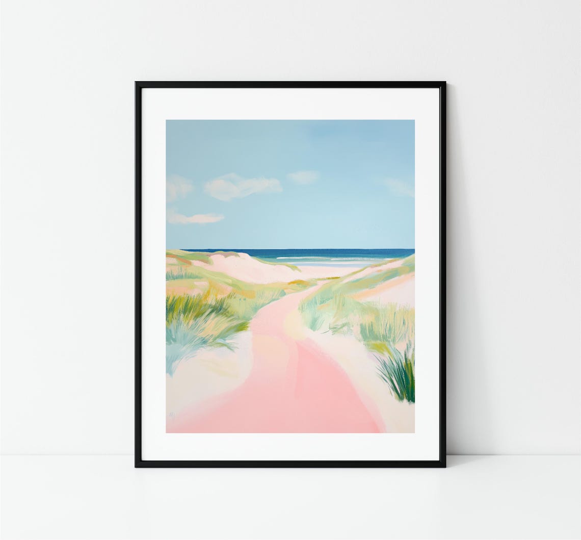Pink Beach Dune Path Ocean Horizon Pastel Coastal Summer Travel Poster - Image 3