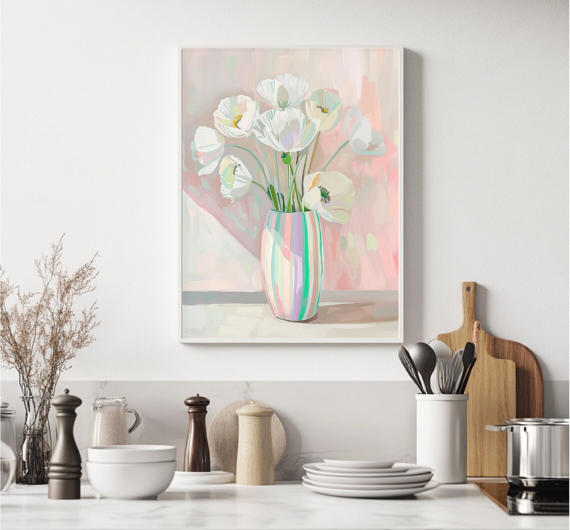White Poppies In Pastel Striped Vase Floral Still Life Art Poster - Image 2