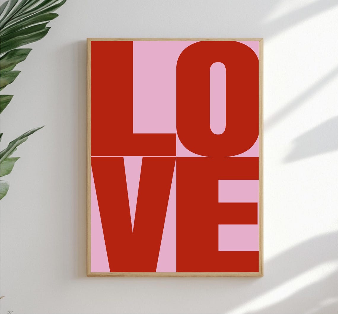 Bold Love Stacked Red Typography Pink Background Modern Wall Art - Image 5